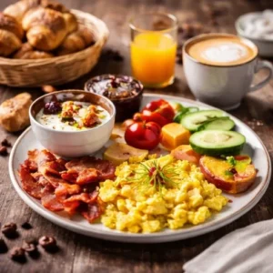 Reichhaltiges Frühstück im Café Die Scheune Reinheim mit Rührei, Croissants, frischem Obst und Kaffee