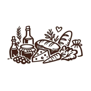 Minimalistische Linienillustration von regionalen Feinkostprodukten wie Brot, Käse, Glas und Flasche – Feinkostbereich der Scheune Reinheim