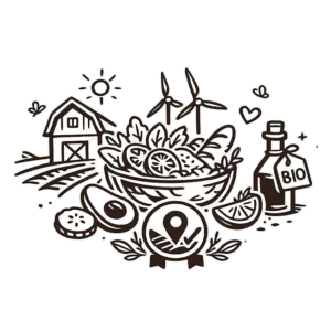 Minimalistische Linienillustration mit Bauernhof, Gemüse und regionalen Produkten – nachhaltige Küche in der Scheune Reinheim